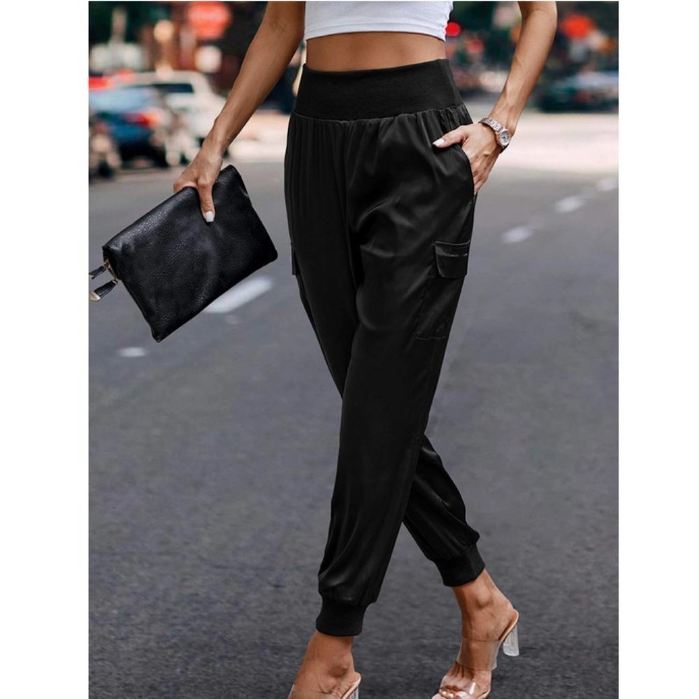 Luxe Look Satin Pocketed High Waist Joggers - Black - Picture 7 of 12
